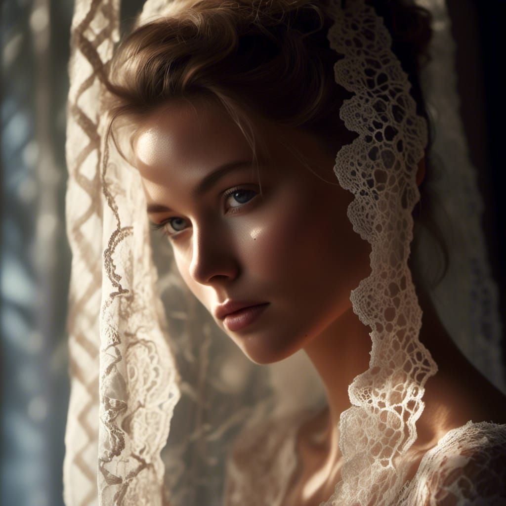 Ethereal Woman in Shadow: Hyperrealistic Lace Portrait
