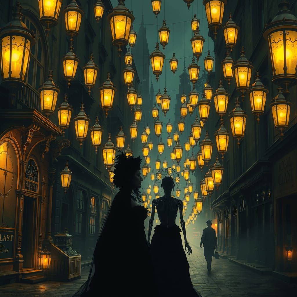 Gothic City Street Lit by Gas Lanterns
