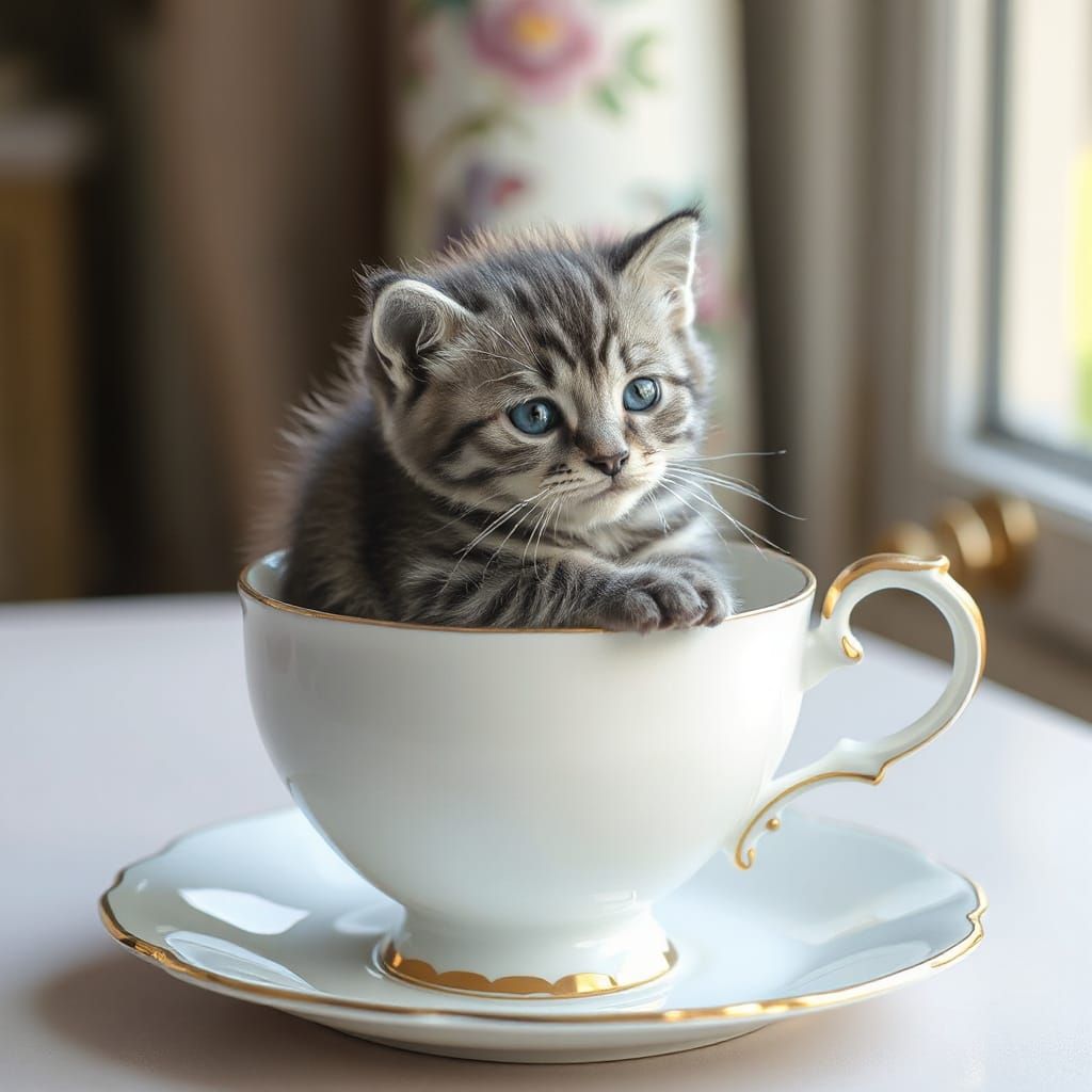 Adorable Grey Kitten in Teacup, Digital Painting