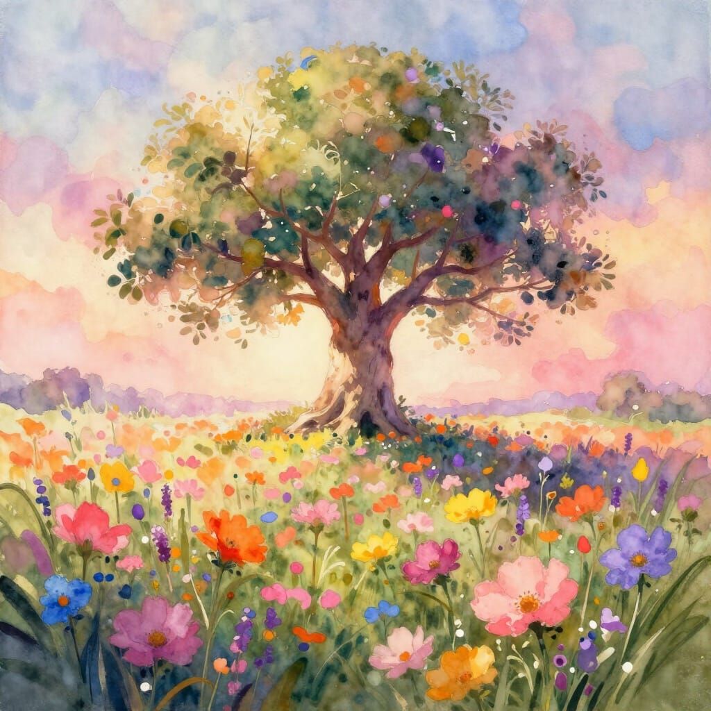 Vibrant Flower Field with Majestic Tree of Life