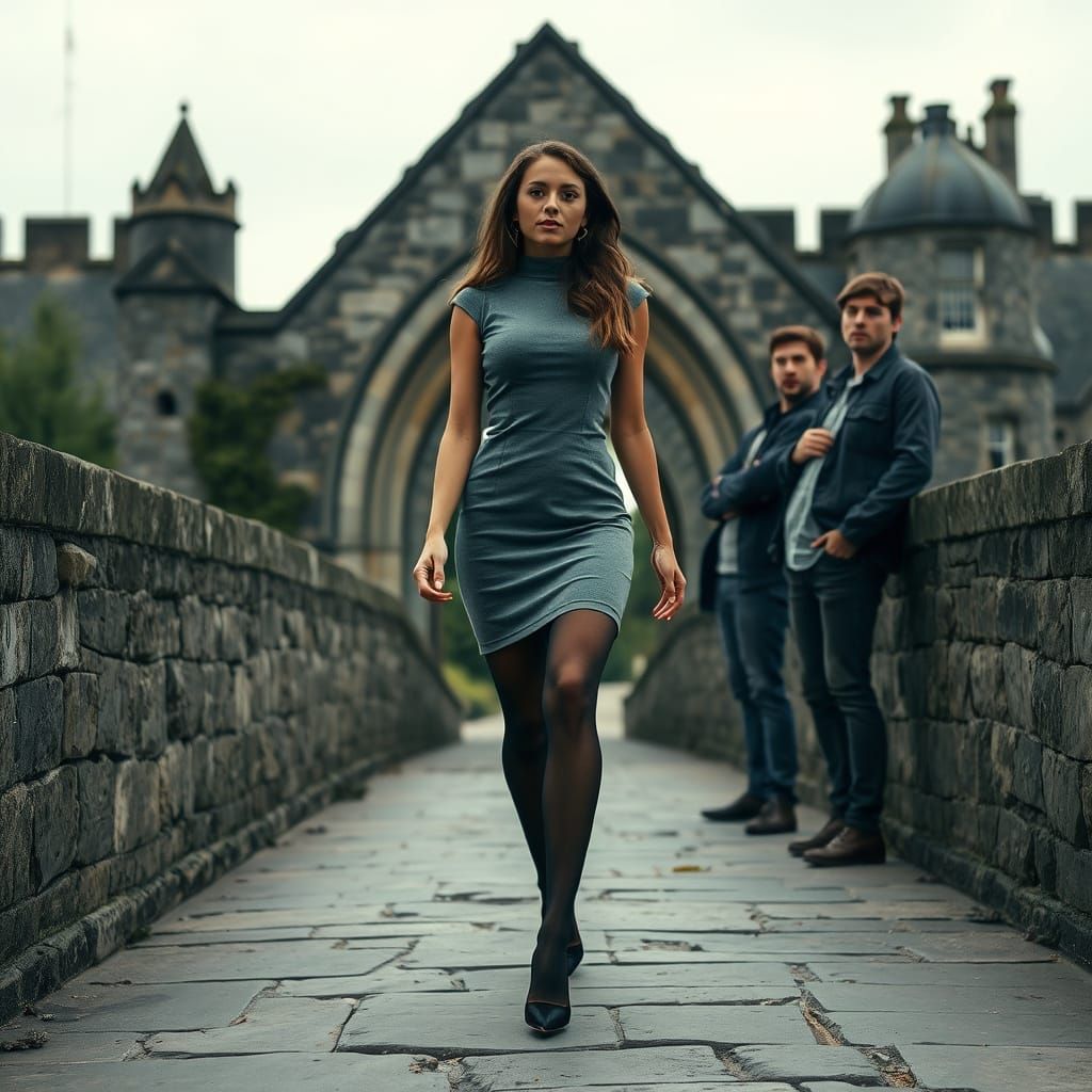Confident Young Woman Walks Over Ancient Bridge