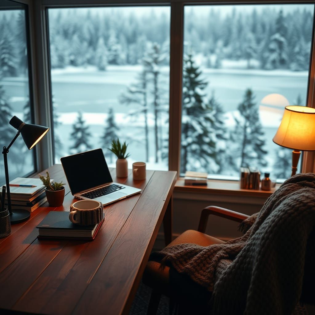 Cozy Home Office Overlooking Frozen Lake, Cinematic Photogra...