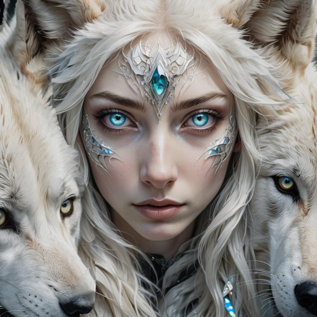 Woman Transforms into White Wolf with Iridescent Eyes