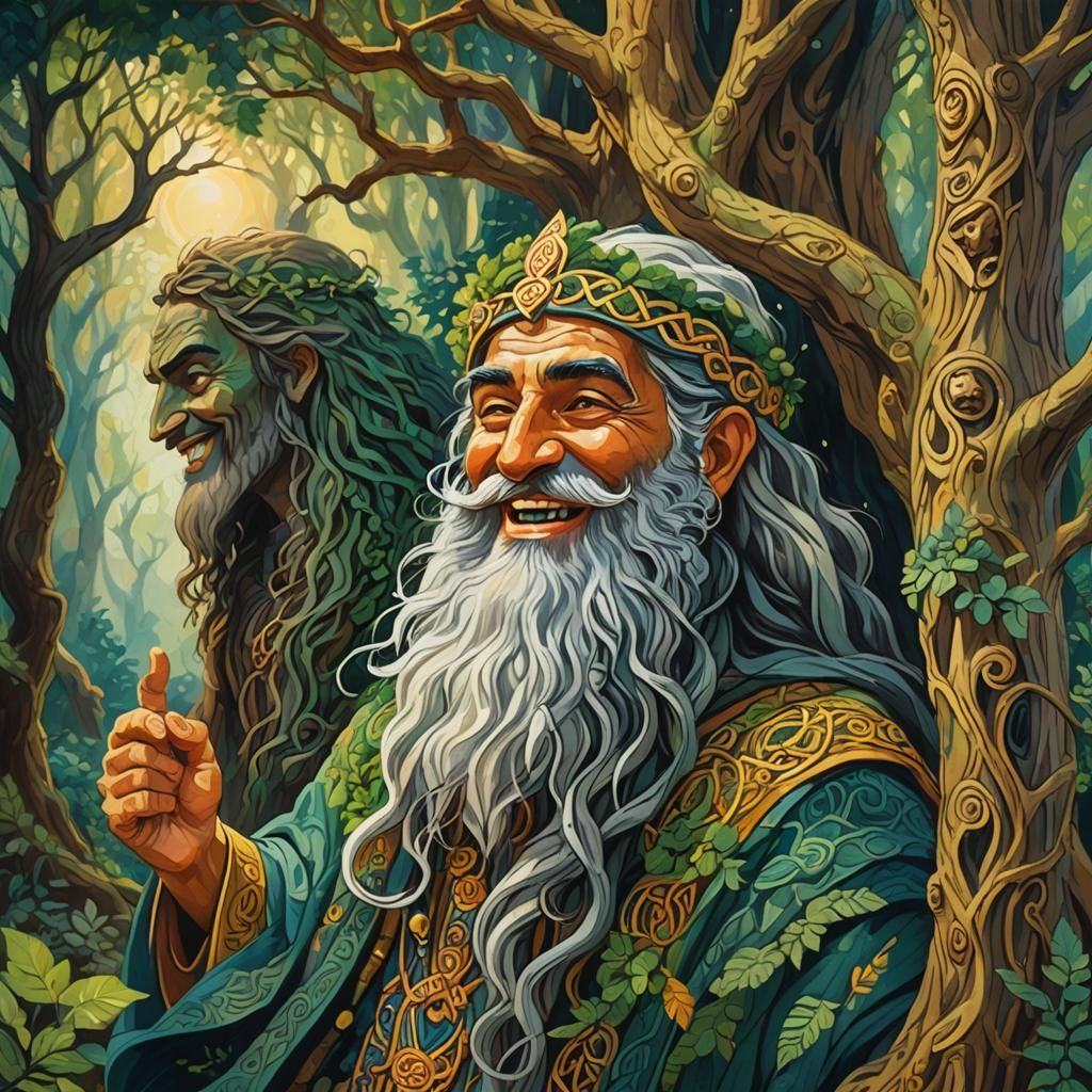 Persian God and Celtic Druid in Gouache Style