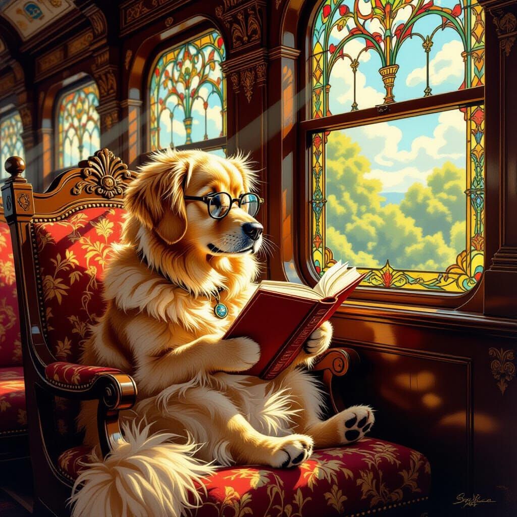 Golden Retriever Reads Book on Vintage Train in Sunlight