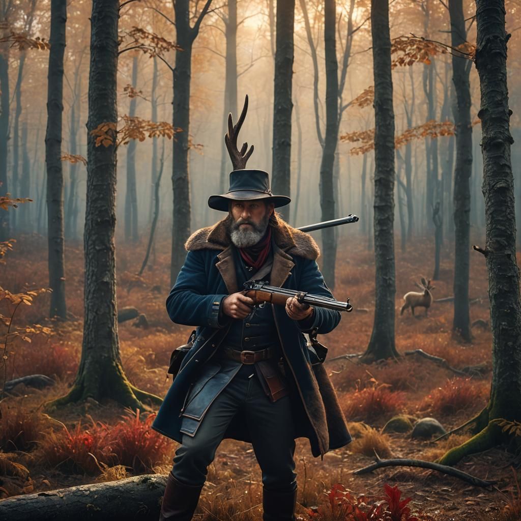 Muzzleloader Hunter Aiming at Rabbit in Autumnal Forest