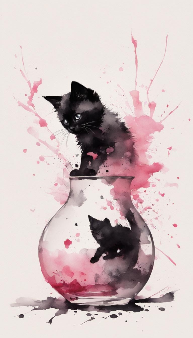 Minimalist Kitten and Broken Vase in Ink Painting