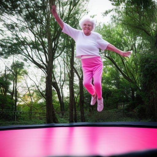 Grandma jumping on the trampoline