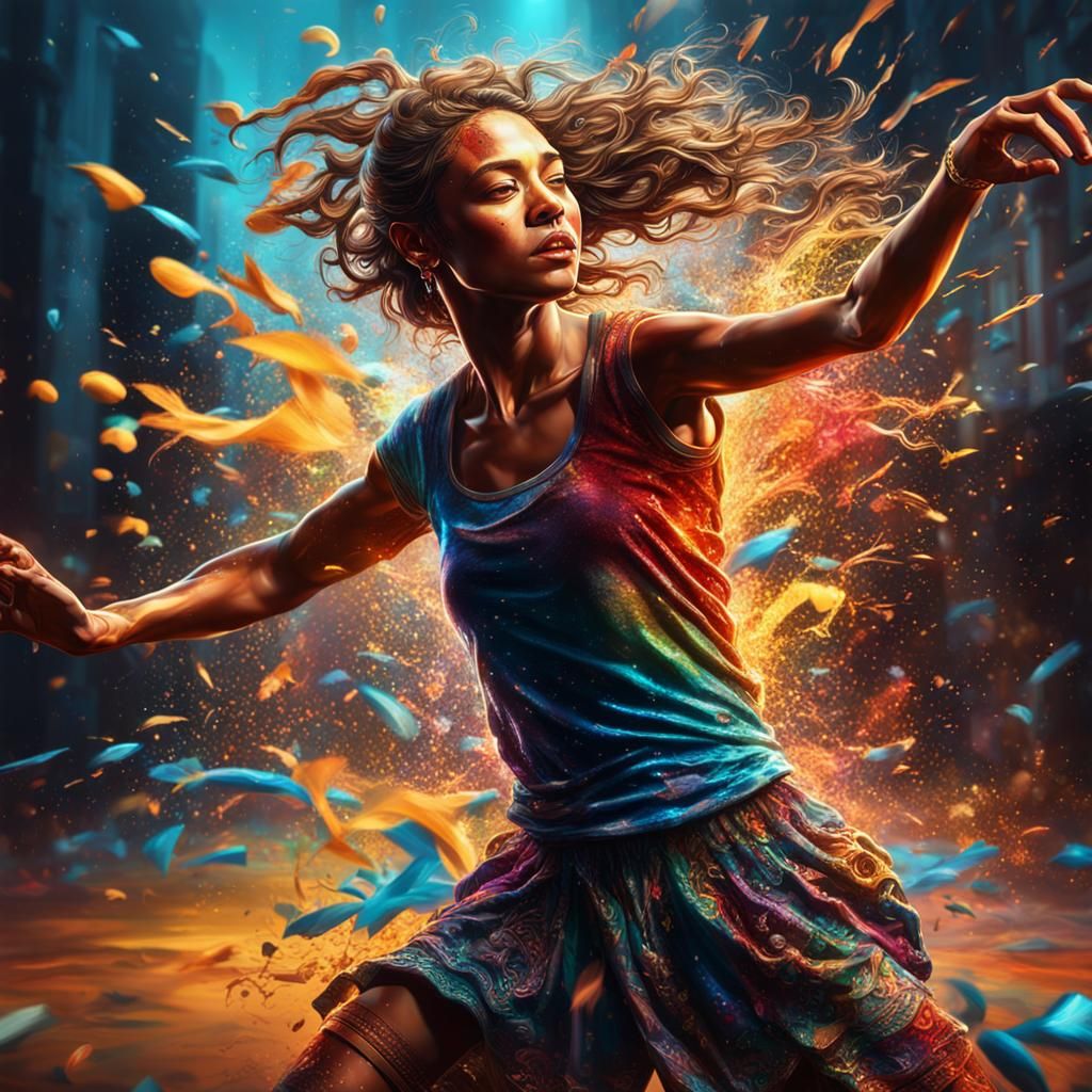 Hyperrealistic Dancer in Colorful, Dramatic Lighting