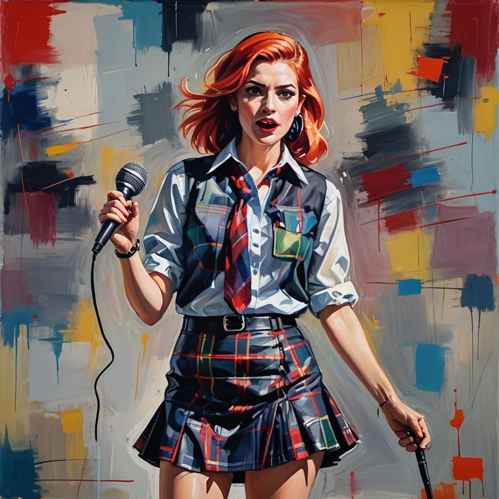 Journalist in Plaid Skirt: Vibrant Oil Painting