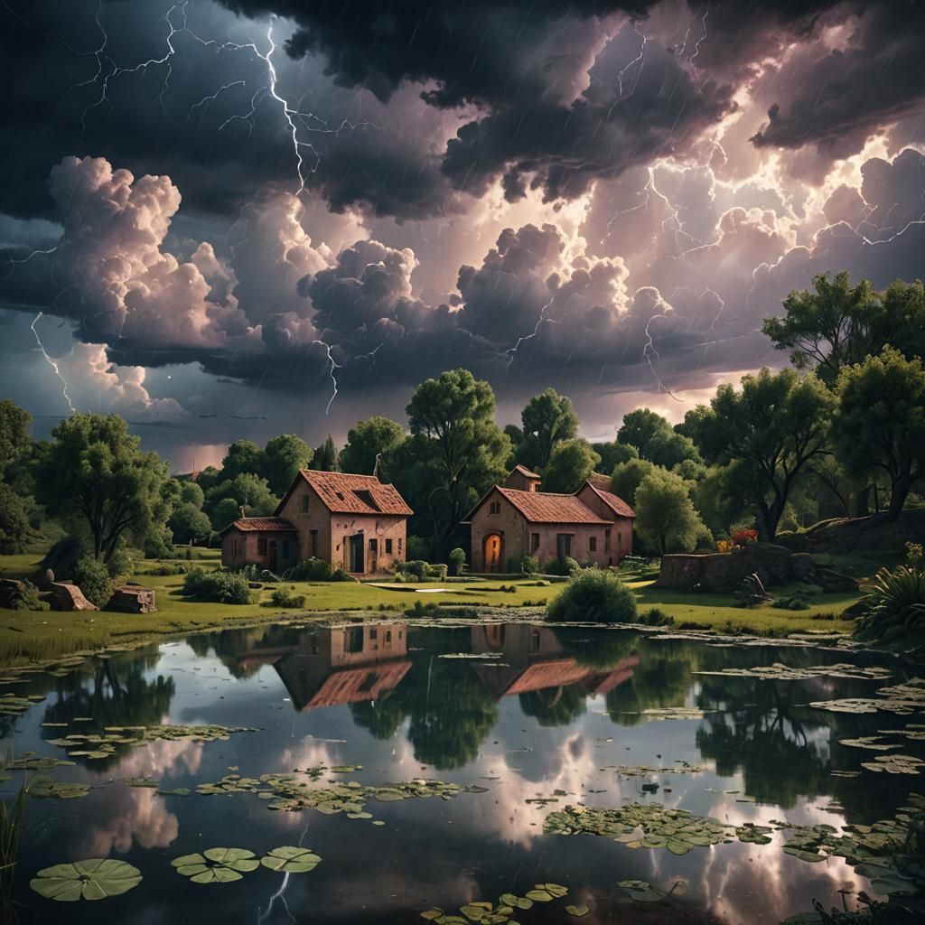 Pond Reflects Thunderstorm in Cubist Digital Painting