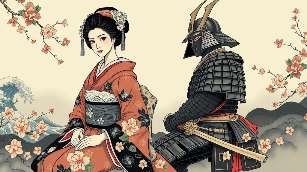 Geisha and Samurai in Ukiyo-e Style