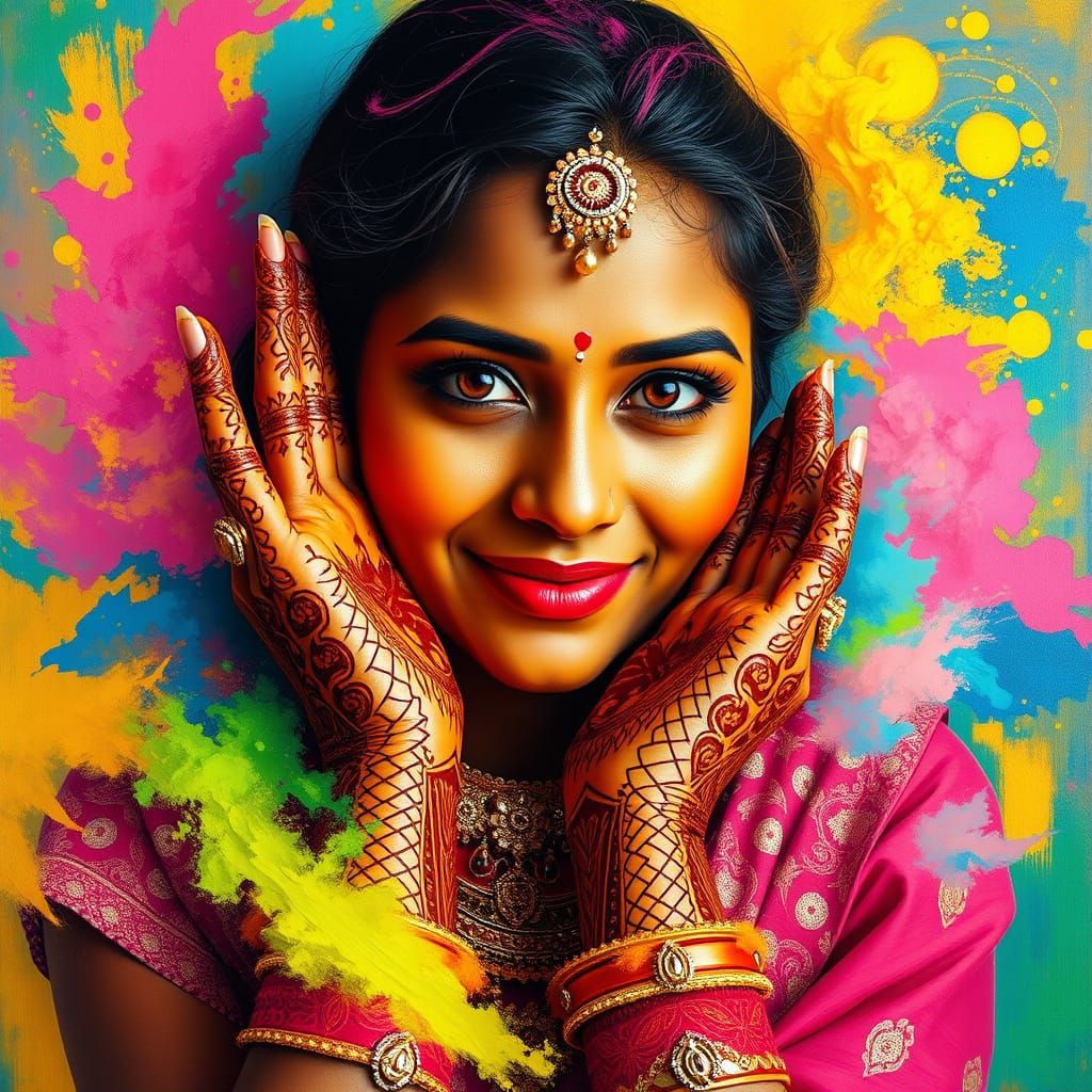 Indian Beauty in Vibrant Lehenga with Intricate Henna