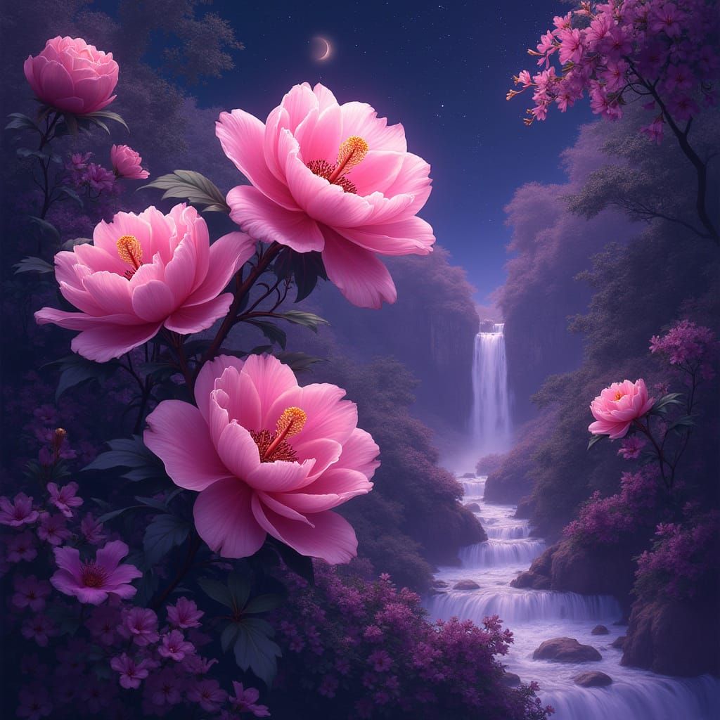 Floral Galaxy with Curving Waterfalls in Ethereal Style