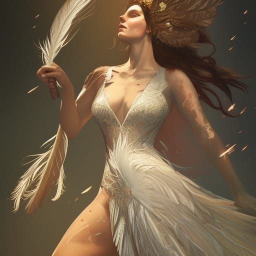 Phoenix Feather Wedding Dress Portrait in Art Nouveau Style