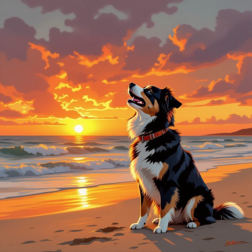Dog Howling at Sunset Beach in Landscape Realism Style