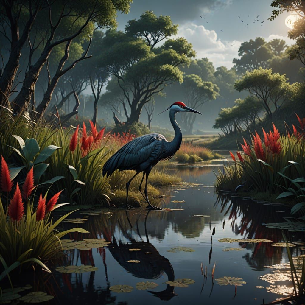 Graceful Meadowstrider Crane in Dark Fantasy Art