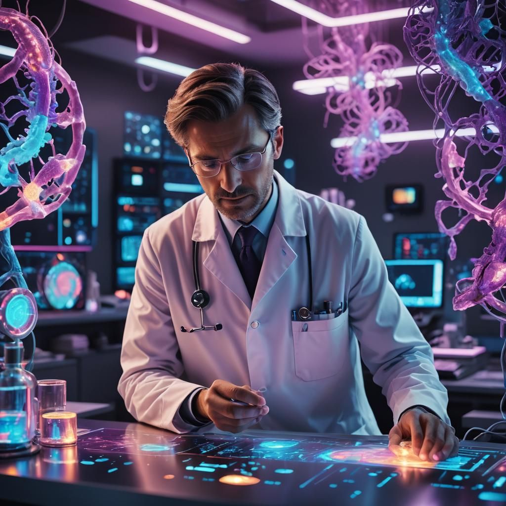 Futuristic Doctor Examines Gastric Cancer Scan