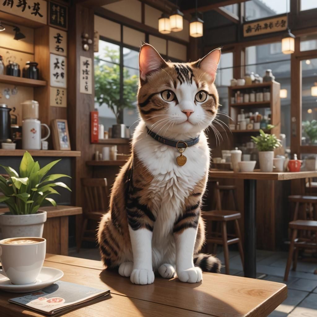 Cute Cat in Japanese Coffee Shop: Anime Art