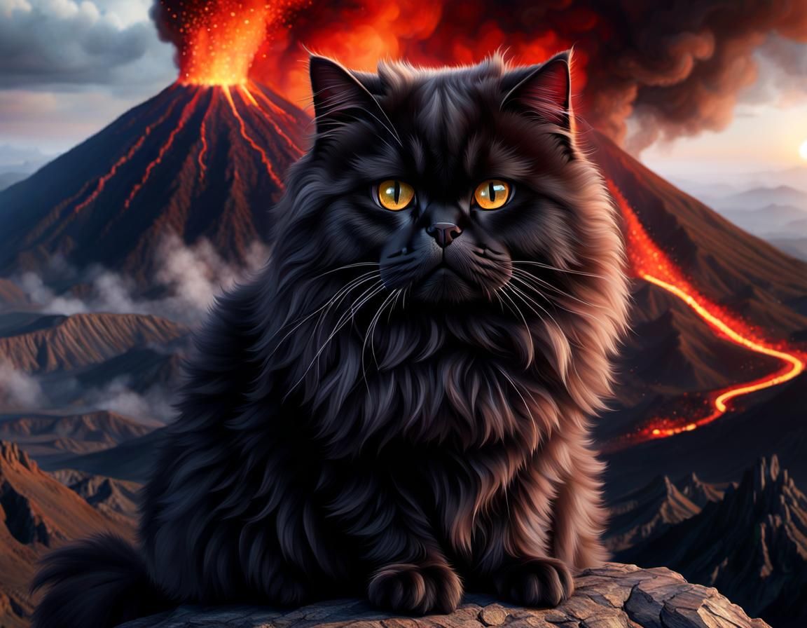 Majestic Black Persian Cat Portrait on Volcano