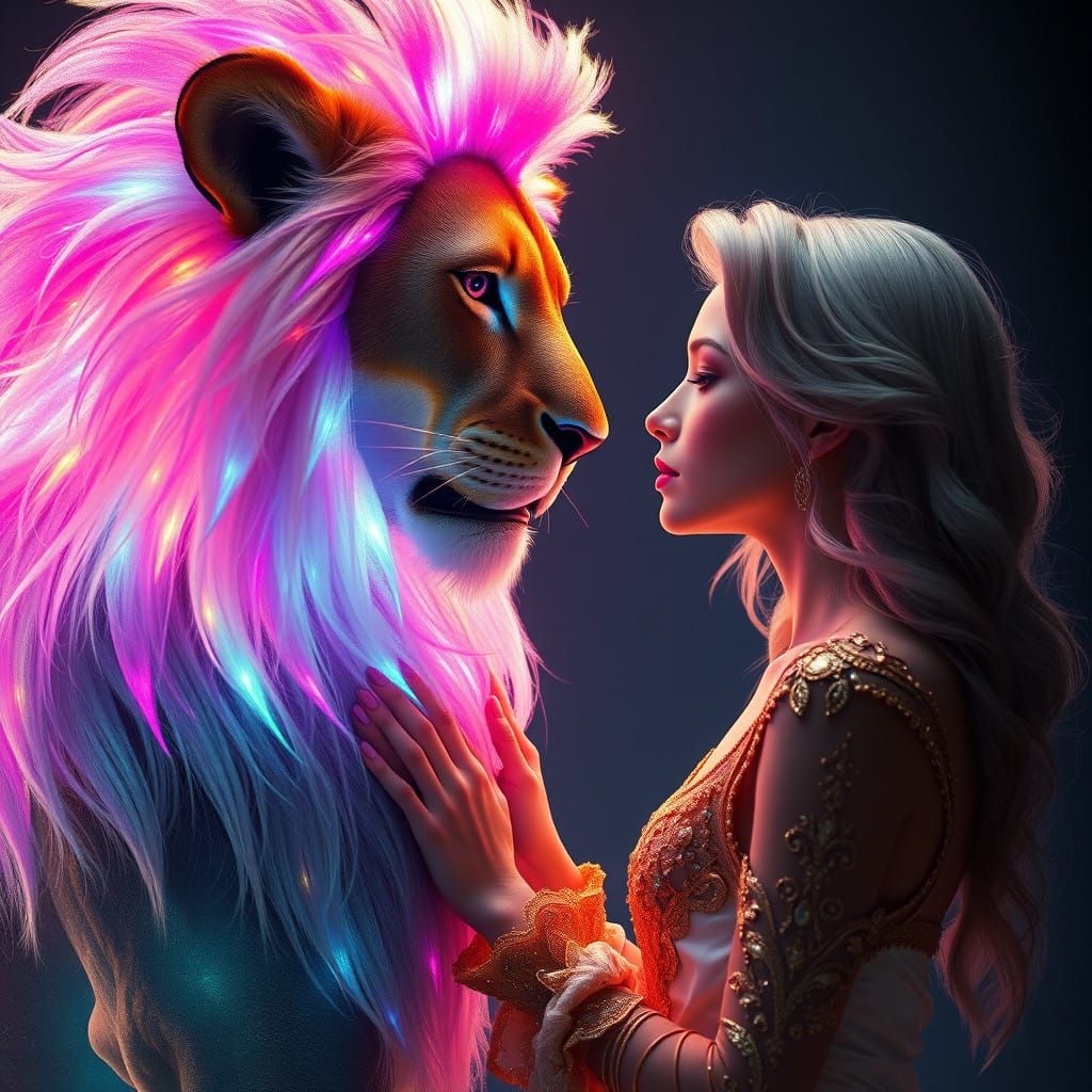 Ethereal Goddess Meets Cosmic Lion in Dreamlike Harmony