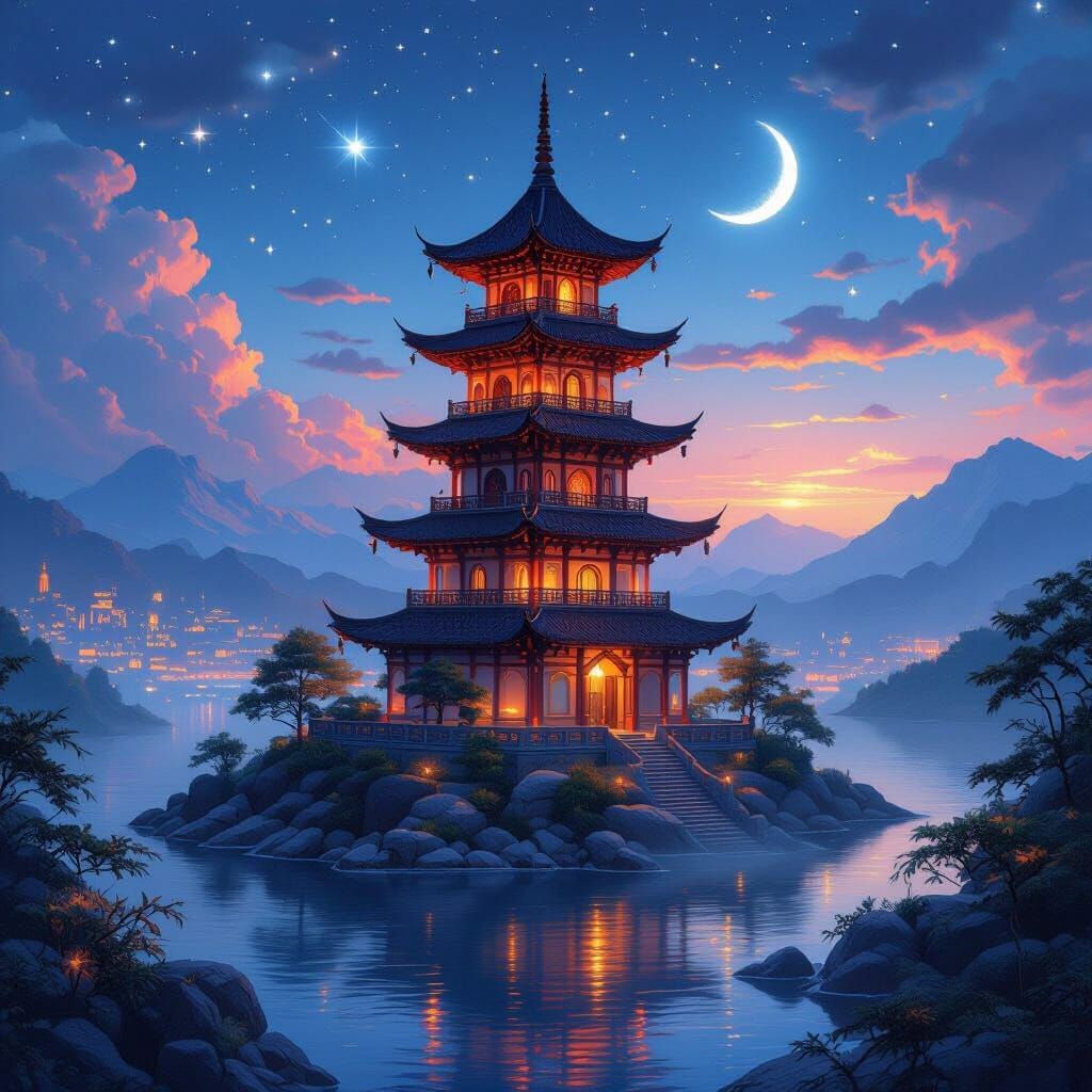 Glowing Pagoda Under Stars with Dragon and Lantern Festival