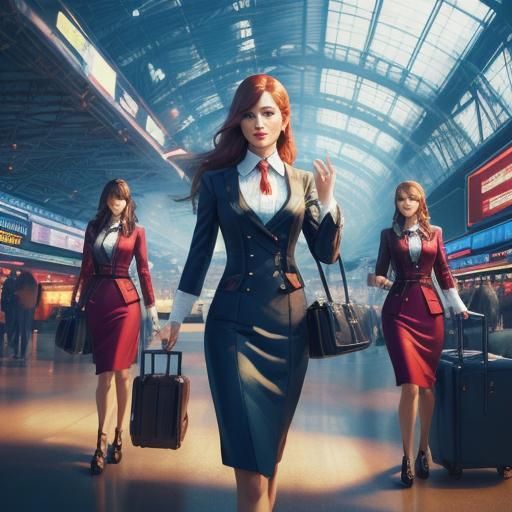 Stewardesses in Futuristic Airport: Neo-Impressionism