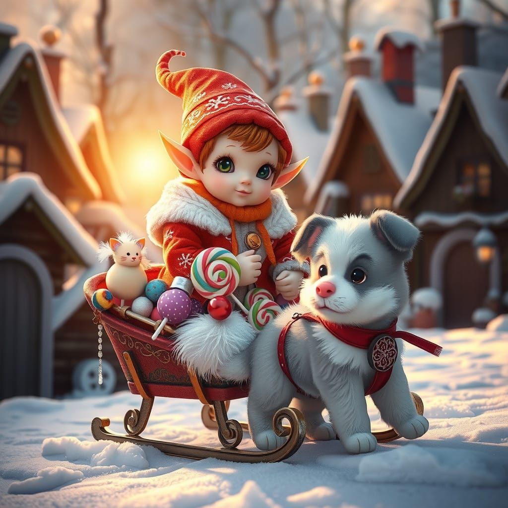 Winter Wonderland Village with Whimsical Elf and Puppy