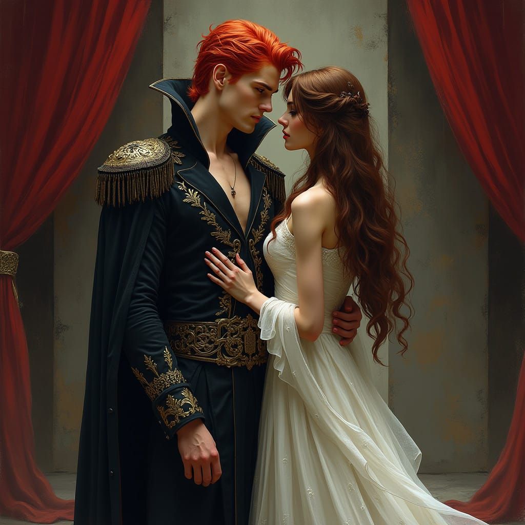 Majestic Vampire King in Dark Attire Beside Human Maiden in...