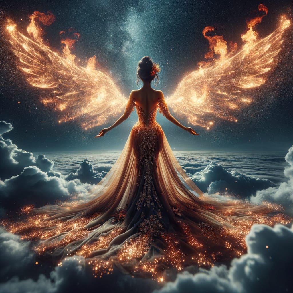 Ethereal Woman with Fiery Wings Above Clouds