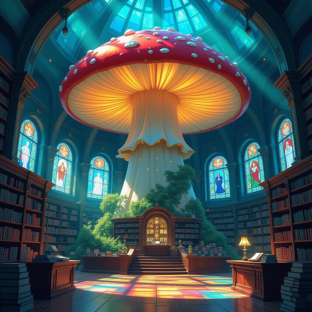 Ancient Mushroom Library Bathed in Sunlight and Wonder
