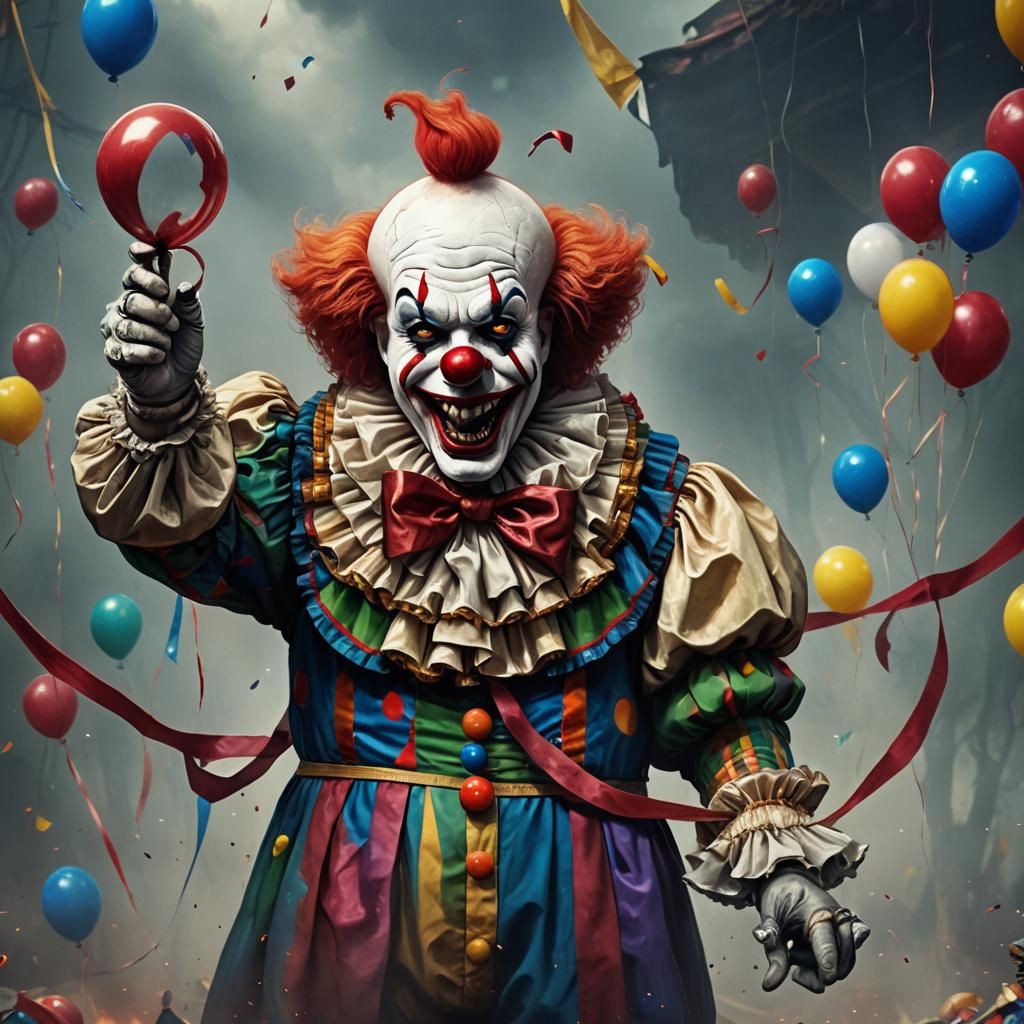 Hyperrealistic Scary Clown Holding Ribbon