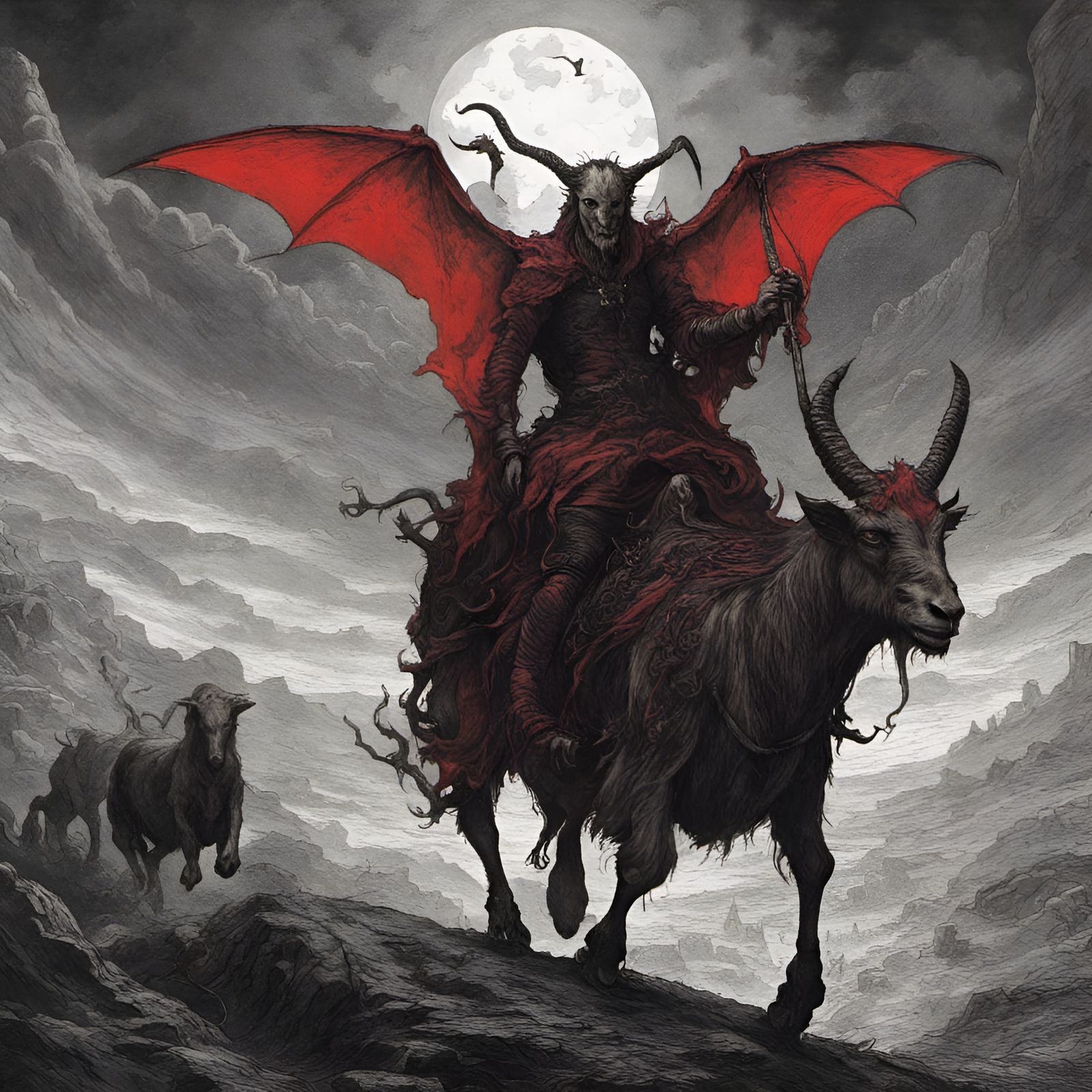 Satan Rides a Goat in Medieval Horror Style