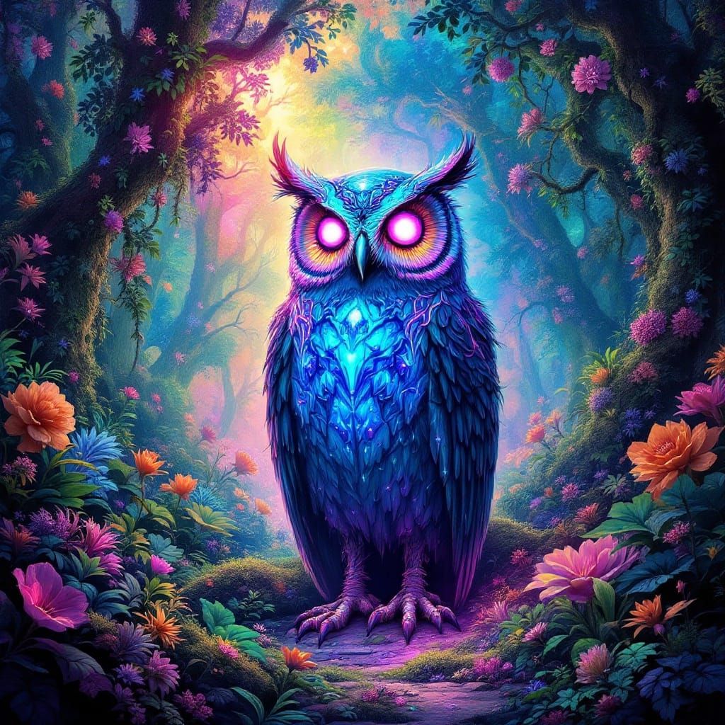 Owl Figure in a Psychedelic Forest