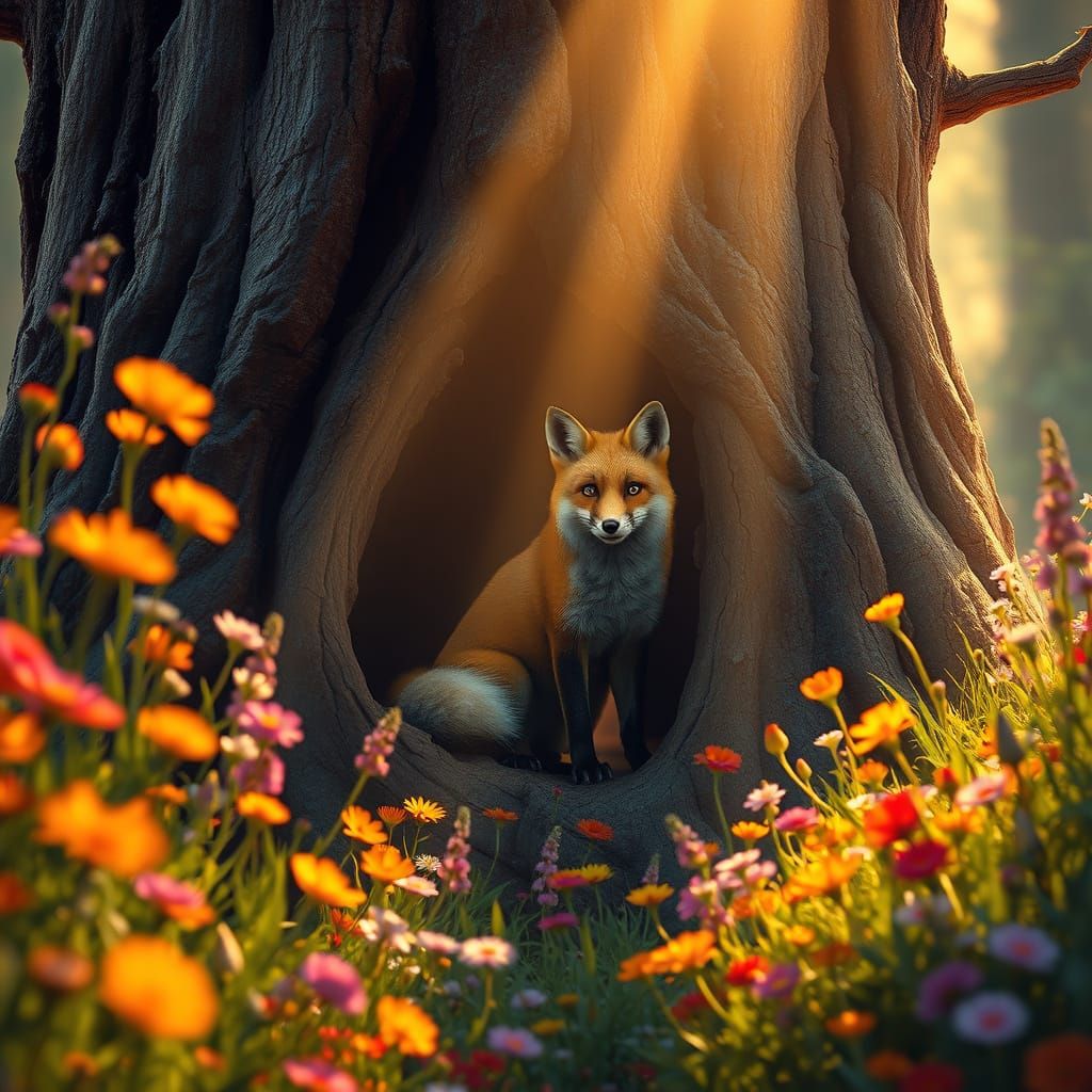 Whimsical Fox Emerge from Hollow Tree in Vibrant Wildflower ...