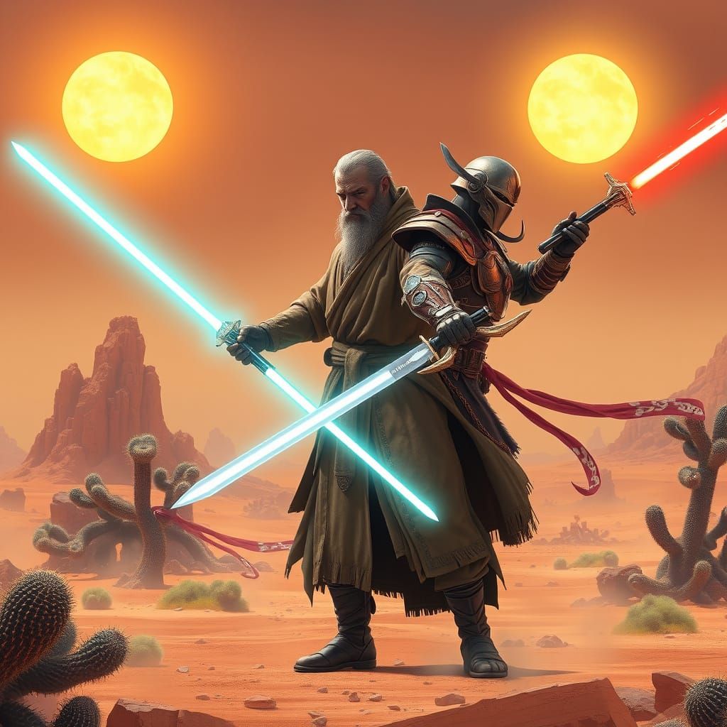 Epic Fantasy Duel in a Blazing Twin-Sunned Desert