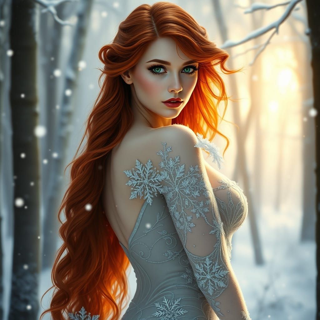 Winter Goddess in Serene Snow-Covered Forest, Cyberpunk Aest...