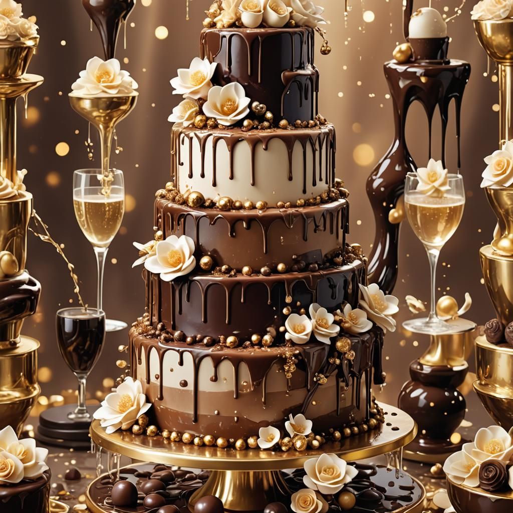 Fantastical Wedding Cake with Chocolate and Champagne Founta...