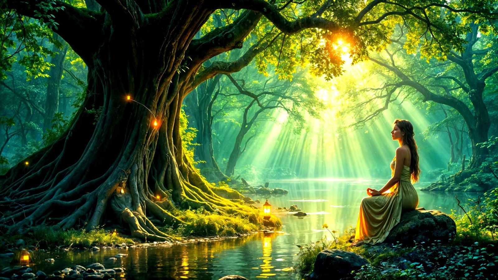 Elegant Elven Woman Meditating in Enchanted Forest Glade
