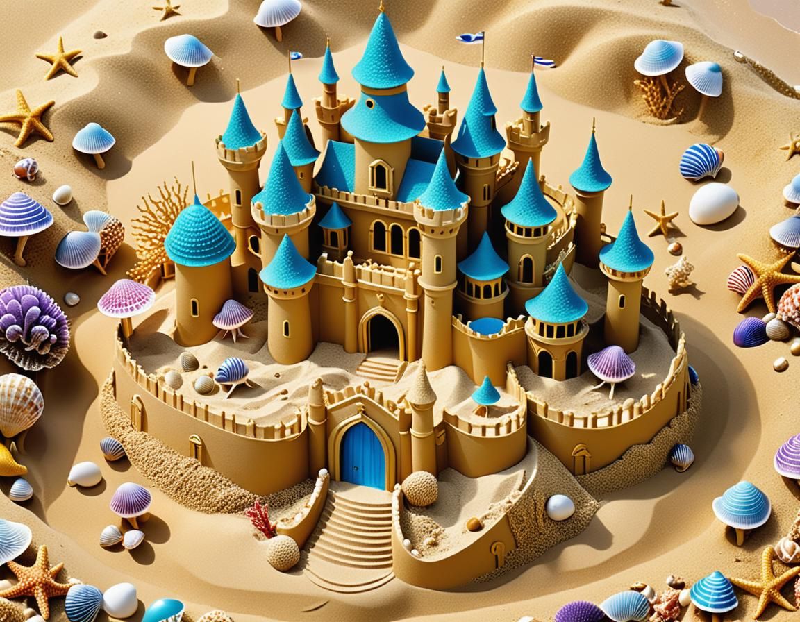 Whimsical Golden Sand Castle Under the Sea
