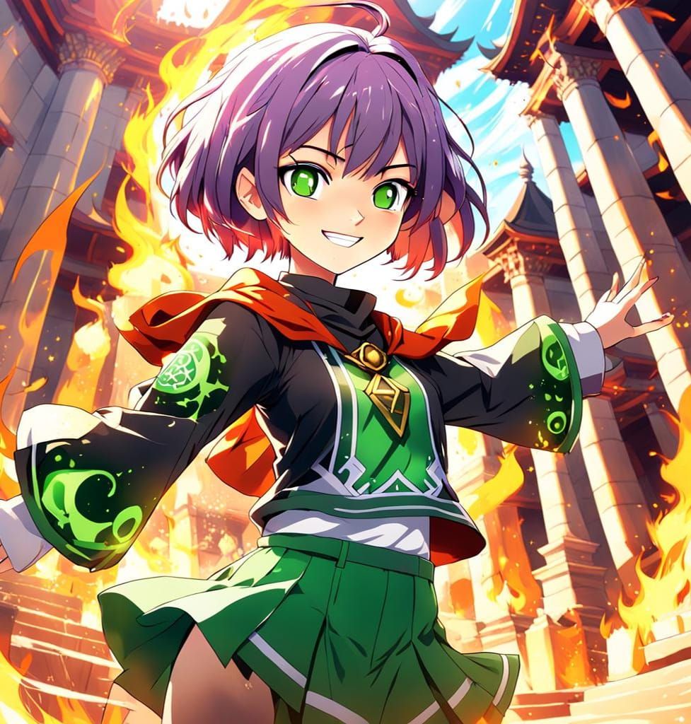 Young Pyromancer in Sacred Temple: Anime Style