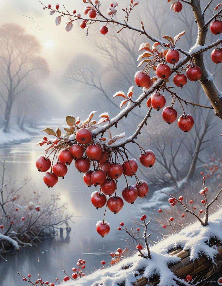 Frosted Red Crabapples in Watercolor and Ink