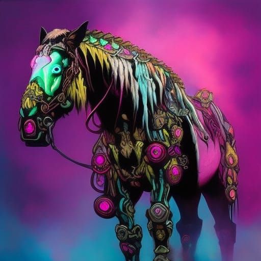 Cyberpunk Cyborg Horse Leaping Through Storm