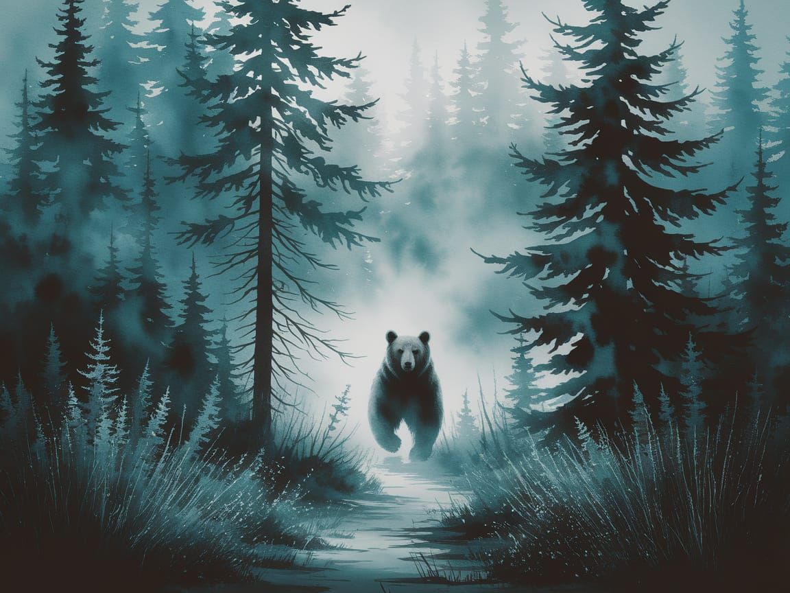 Solitary Bear in Foggy Forest Watercolor Painting