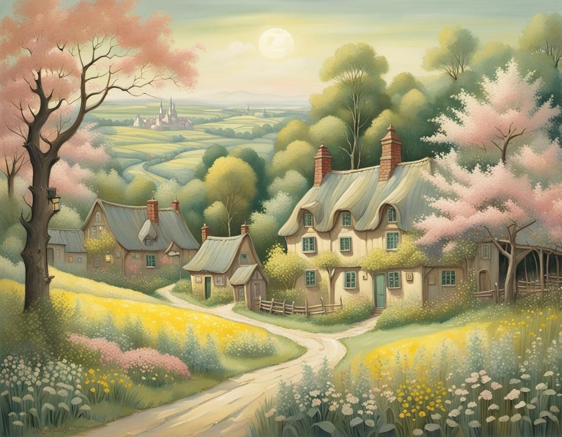 Idyllic Village Scene in Folk Art Style