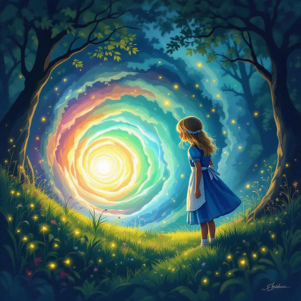 Girl Gazes Into Mystical Glowing Tunnel on Grassy Hill