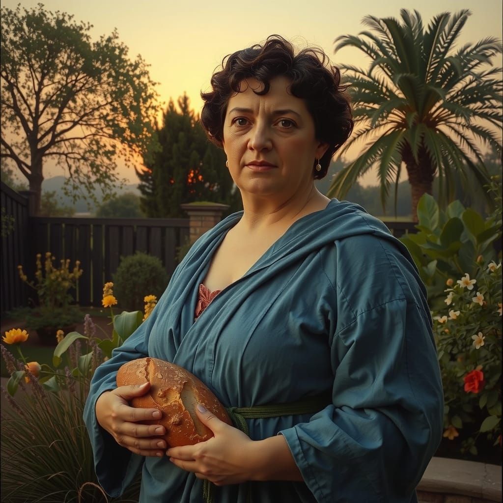 Roman Matron Cradling Bread in Serene Garden Twilight