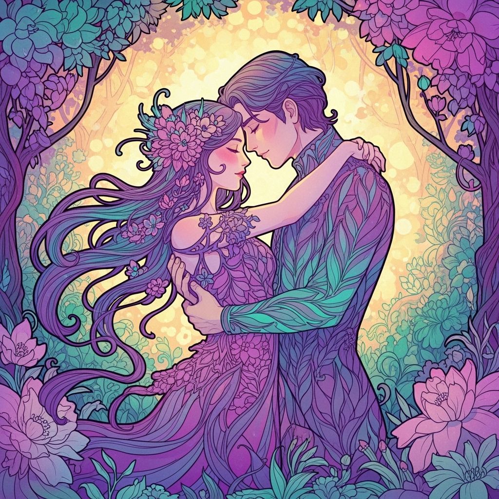 Romantic Embrace in Art Nouveau Style