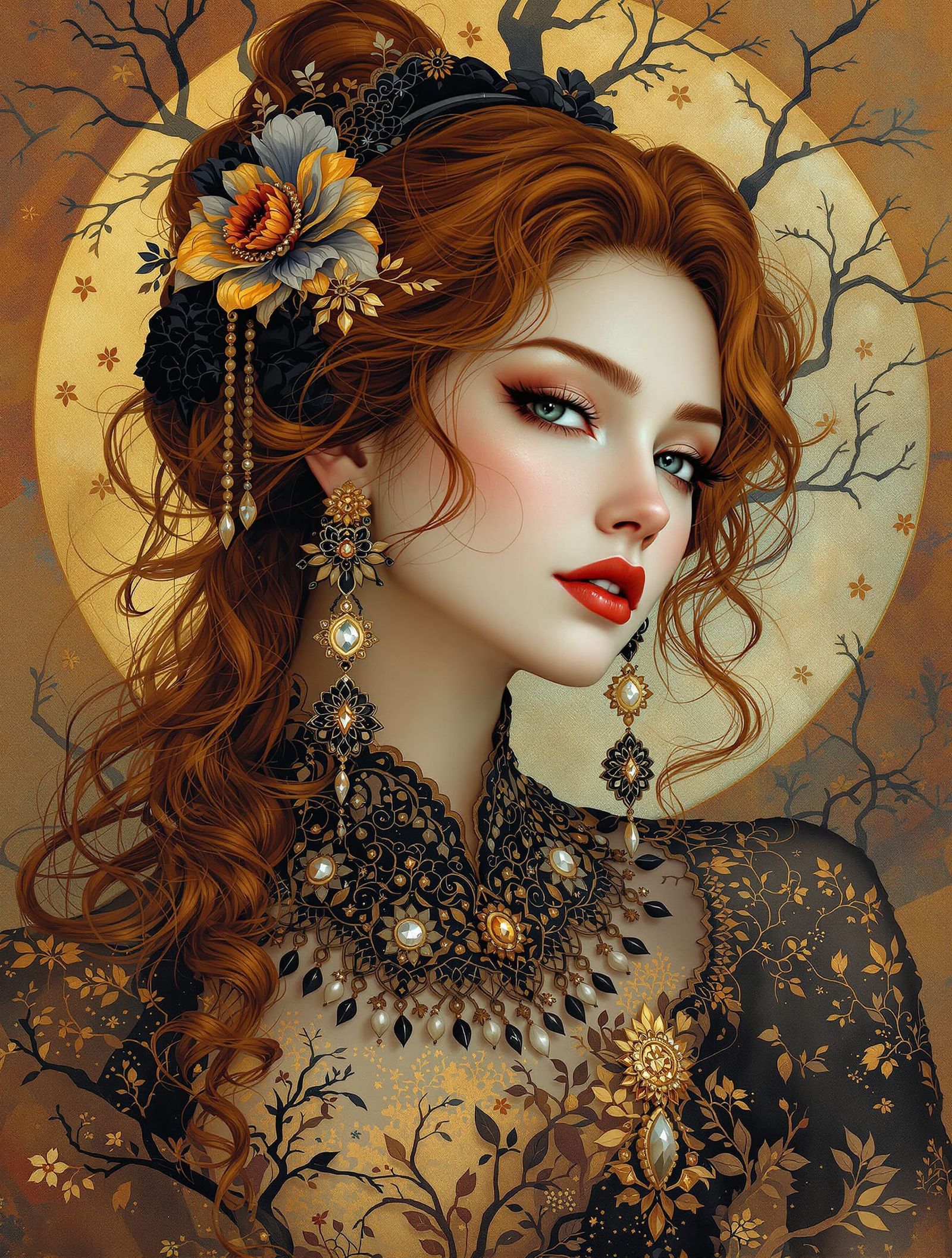 Enigmatic Japanese Woman in Klimt-Inspired Ornate Jewelry