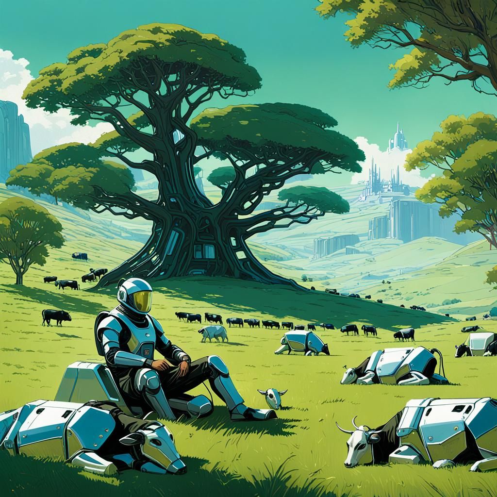 Futuristic Shepherd Oversees Cows in Rolling Meadow